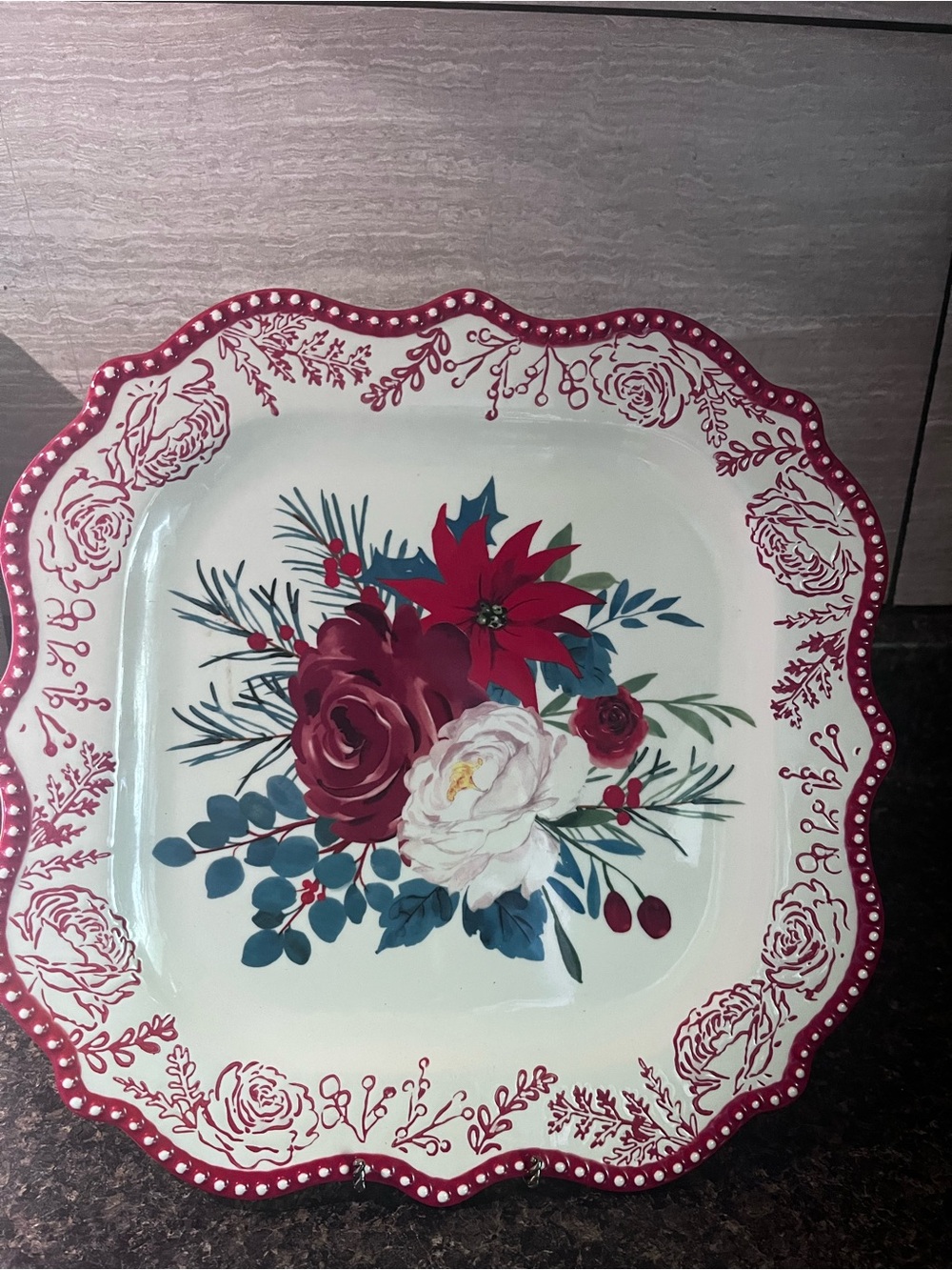 The Pioneer Woman Red and Cream Floral Scalloped Serving Platter